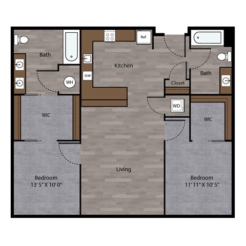 Floor plan for 2 beds, 2 baths, 997 sqft